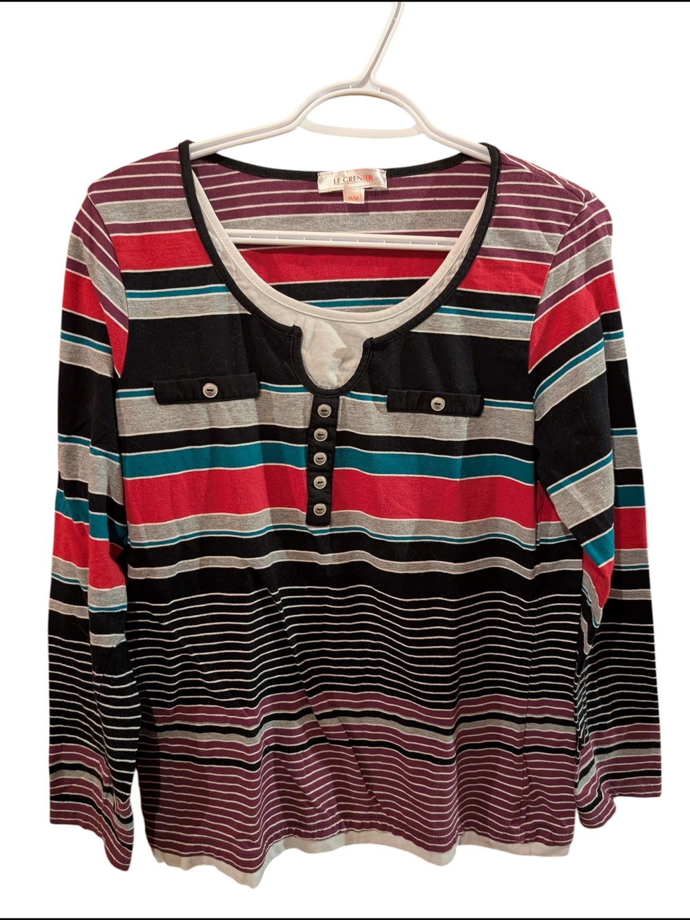 2/22$ Striped Long Sleeve Henley Top - Multicolor